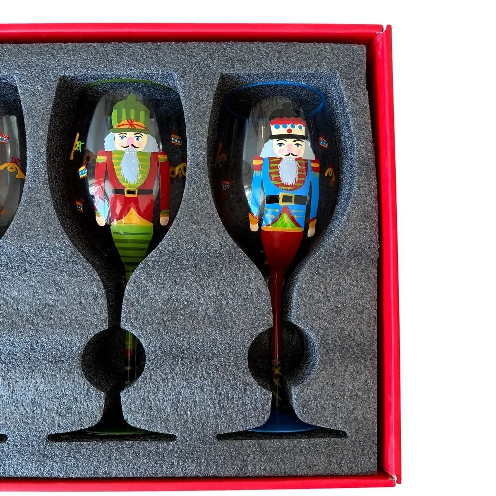 Neiman Marcus Hand Painted Nutcracker Wine Glasses 9in Set of 4 In Gift Box NEW